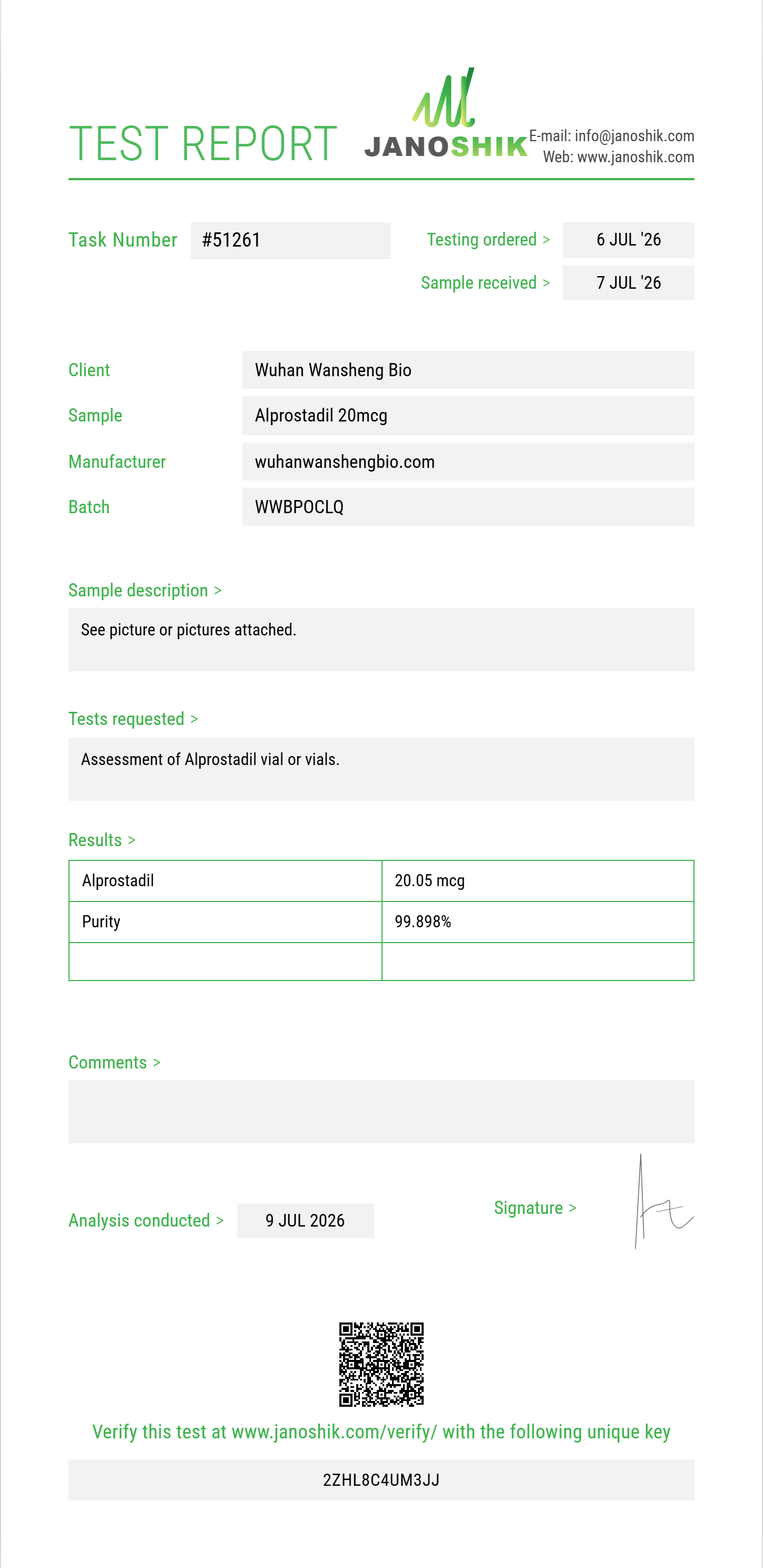 Alprostadil Purity (HPLC) report by Janoshik Analytical