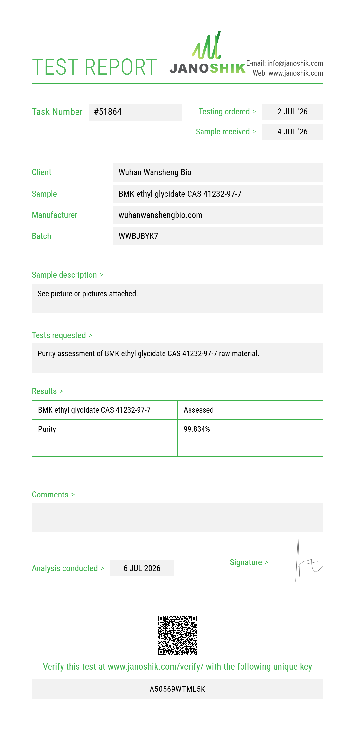 BMK ethyl glycidate CAS 41232-97-7 Purity (HPLC) report by Janoshik Analytical