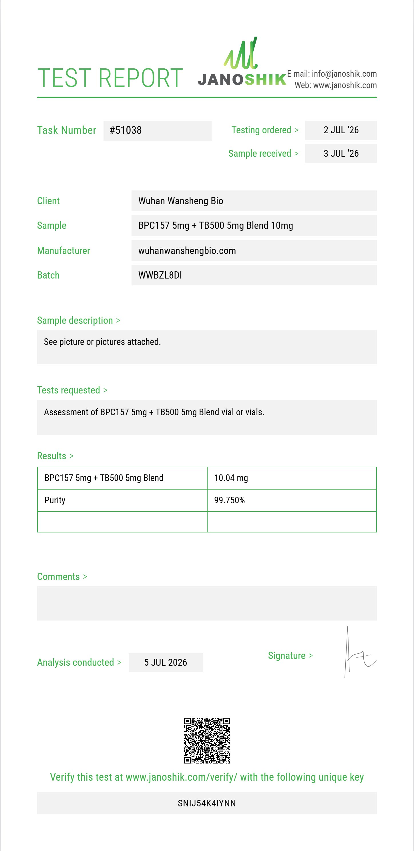 BPC157 5mg + TB500 5mg Blend Purity (HPLC) report by Janoshik Analytical