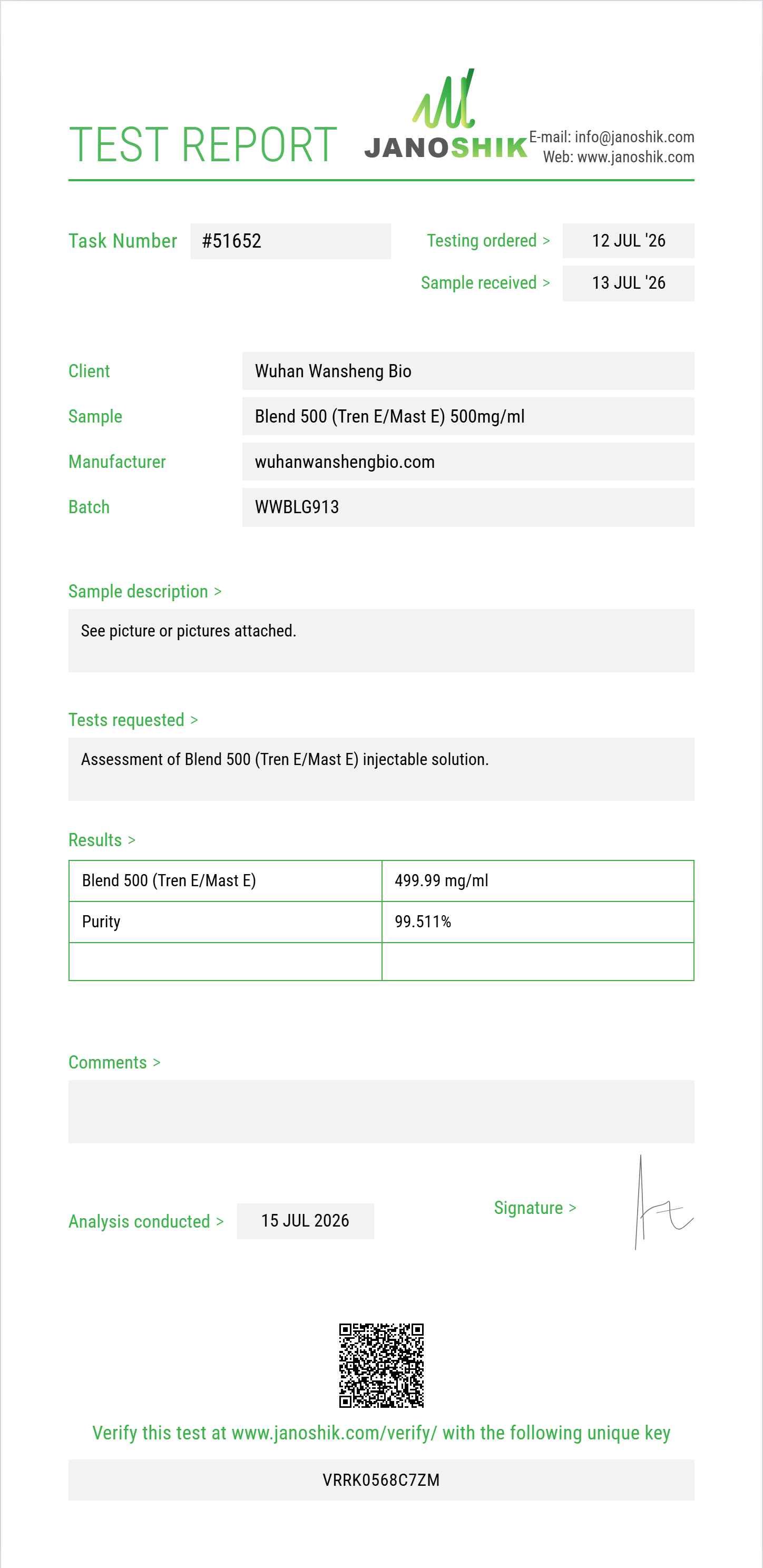 Blend 500 (Tren E/Mast E) Purity (HPLC) report by Janoshik Analytical