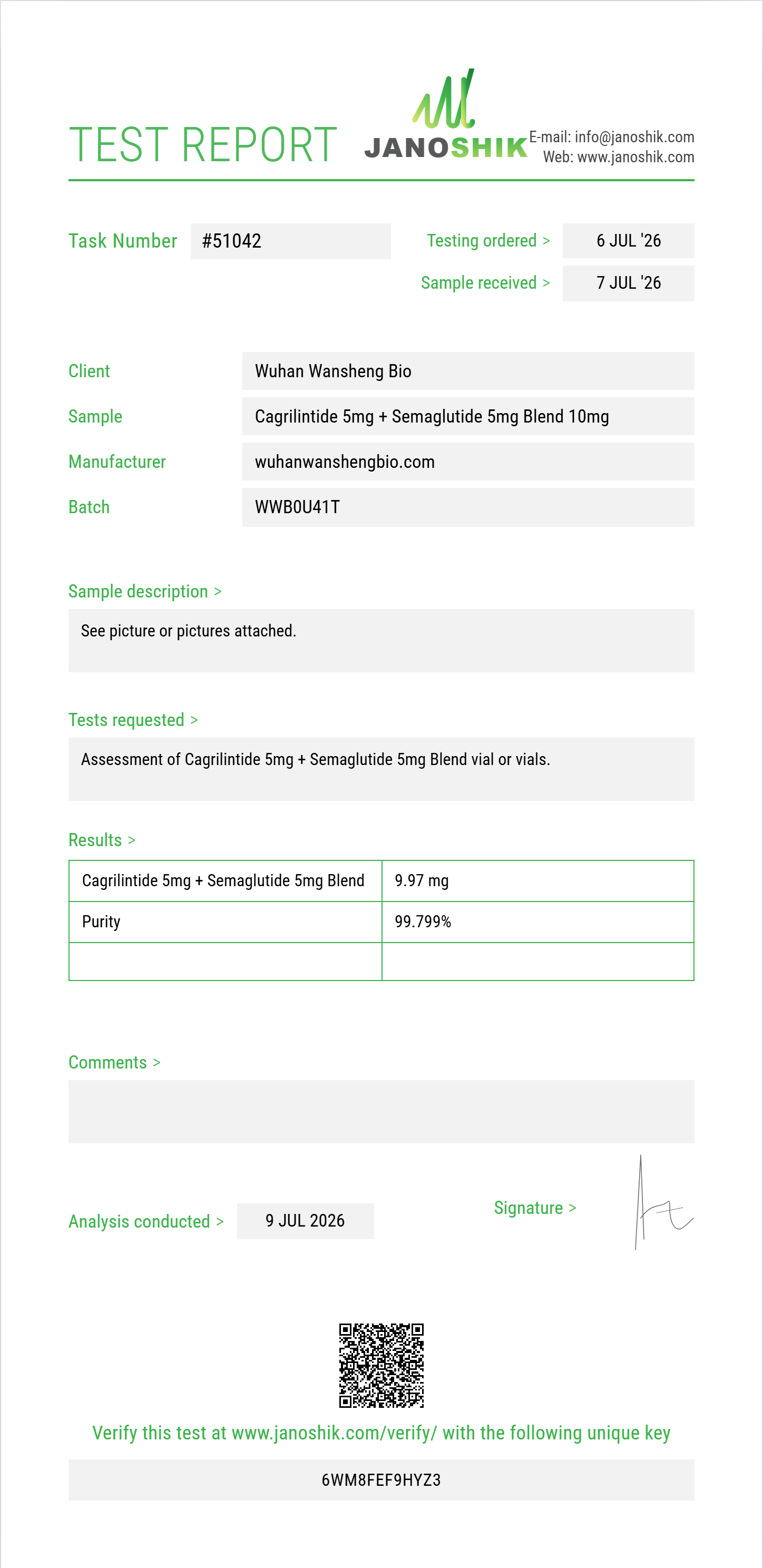 Cagrilintide 5mg + Semaglutide 5mg Blend Purity (HPLC) report by Janoshik Analytical