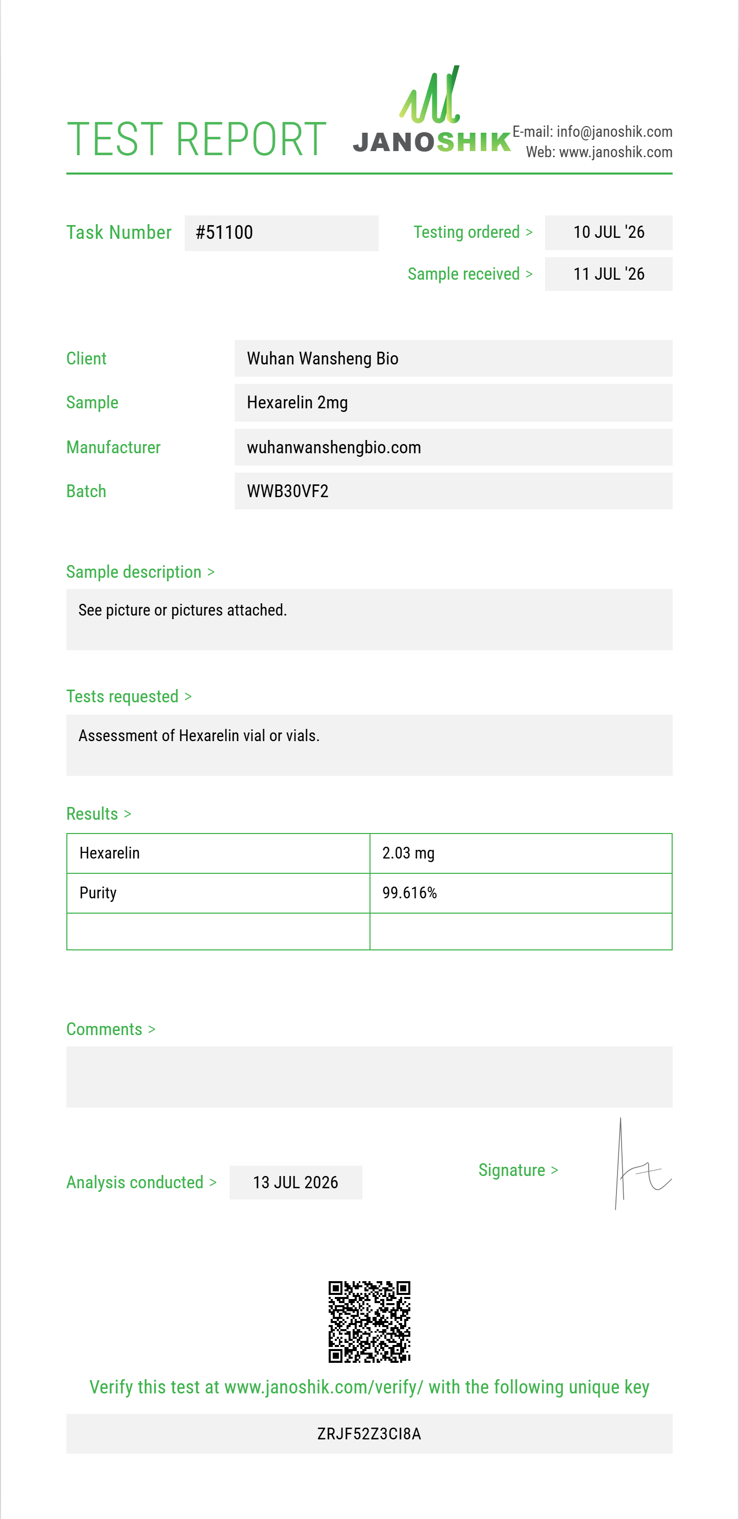 Hexarelin Purity (HPLC) report by Janoshik Analytical