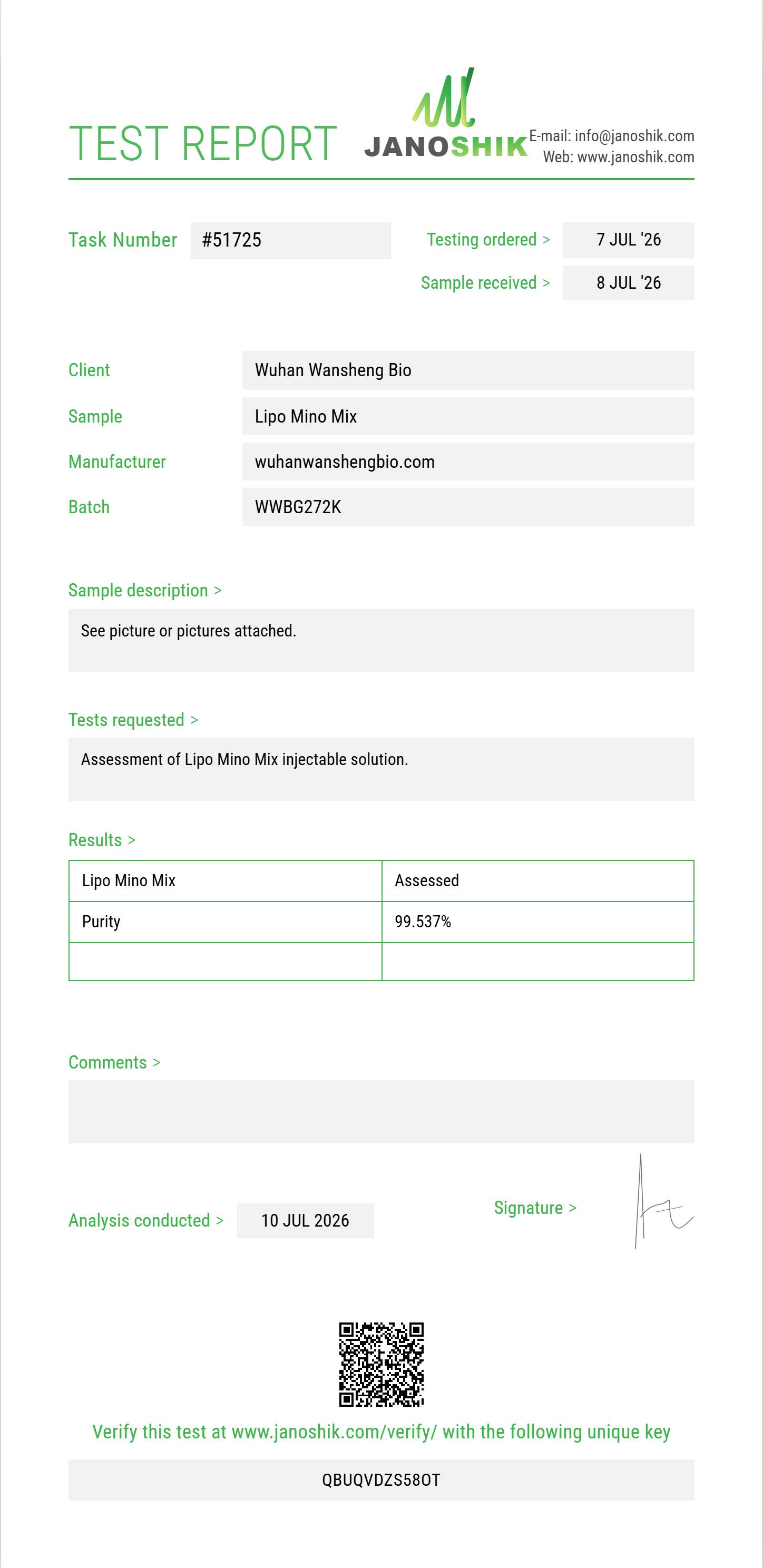 Lipo Mino Mix (B6+Methionine+Inositol+Choline+B1+B2+Carnitine) Purity (HPLC) report by Janoshik Analytical