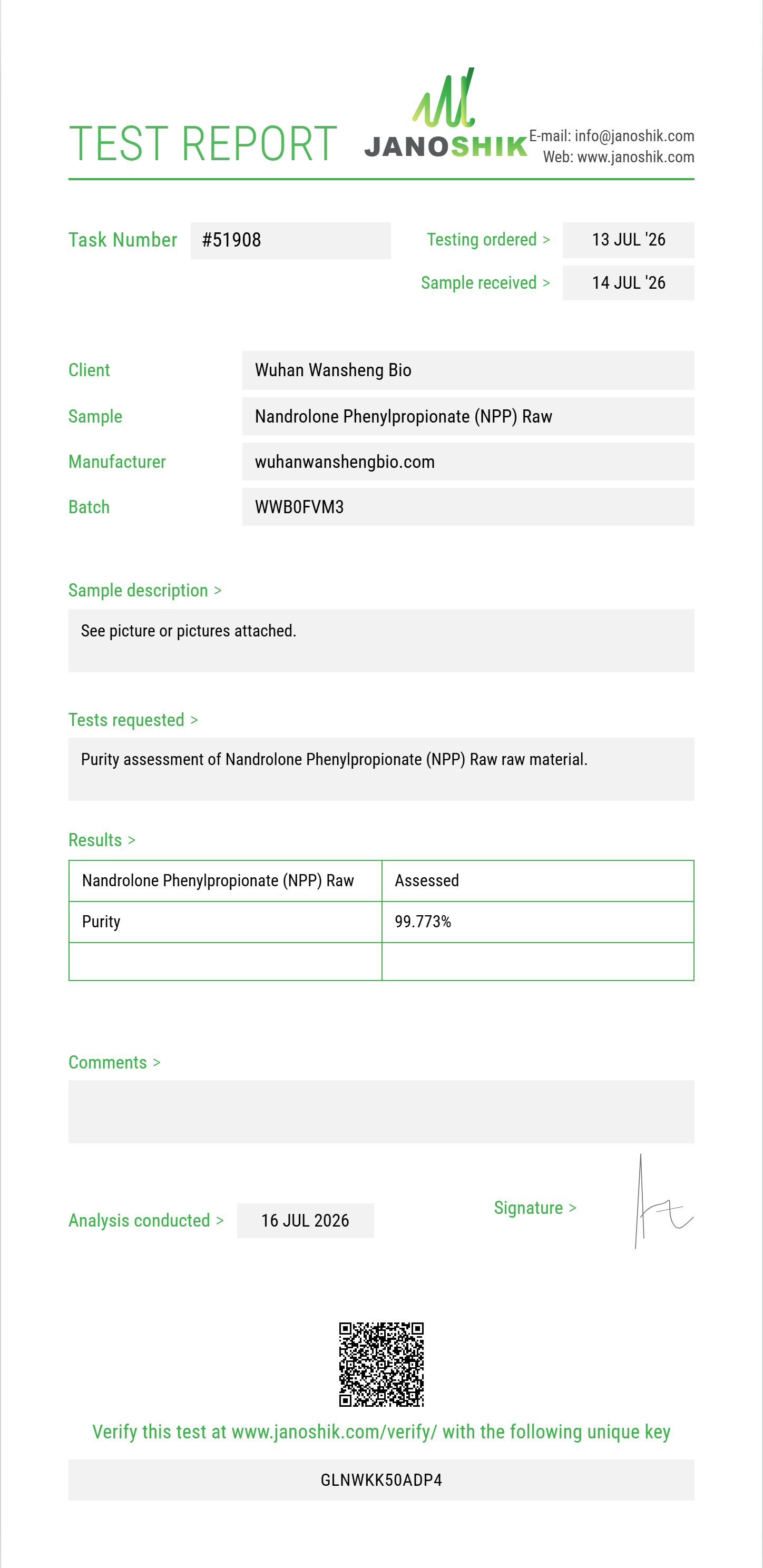 Nandrolone Phenylpropionate (NPP) Raw Purity (HPLC) report by Janoshik Analytical