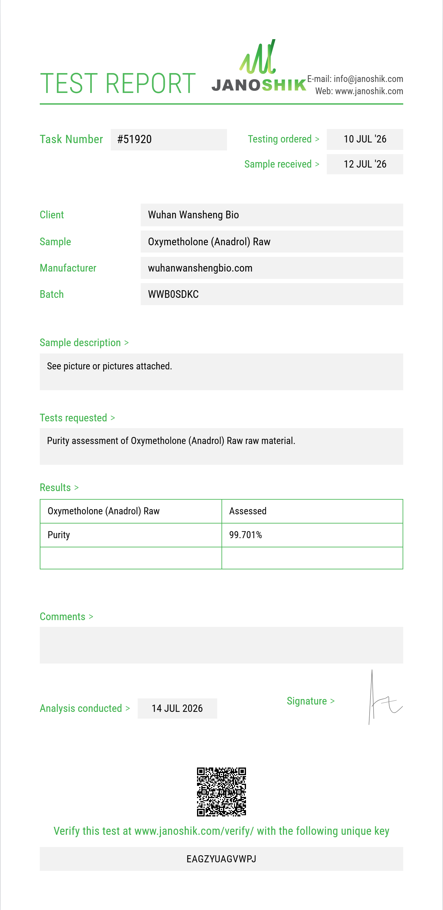 Oxymetholone (Anadrol) Raw Purity (HPLC) report by Janoshik Analytical
