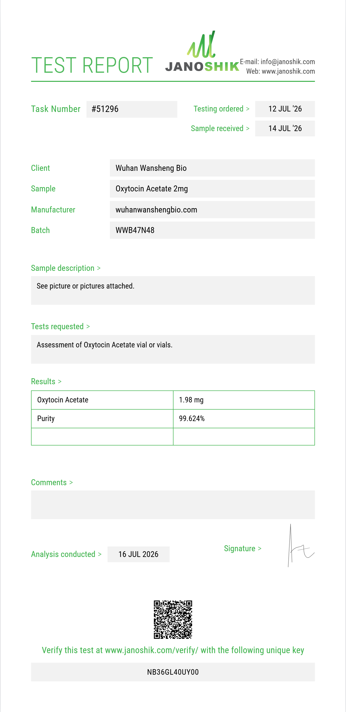 Oxytocin Acetate Purity (HPLC) report by Janoshik Analytical