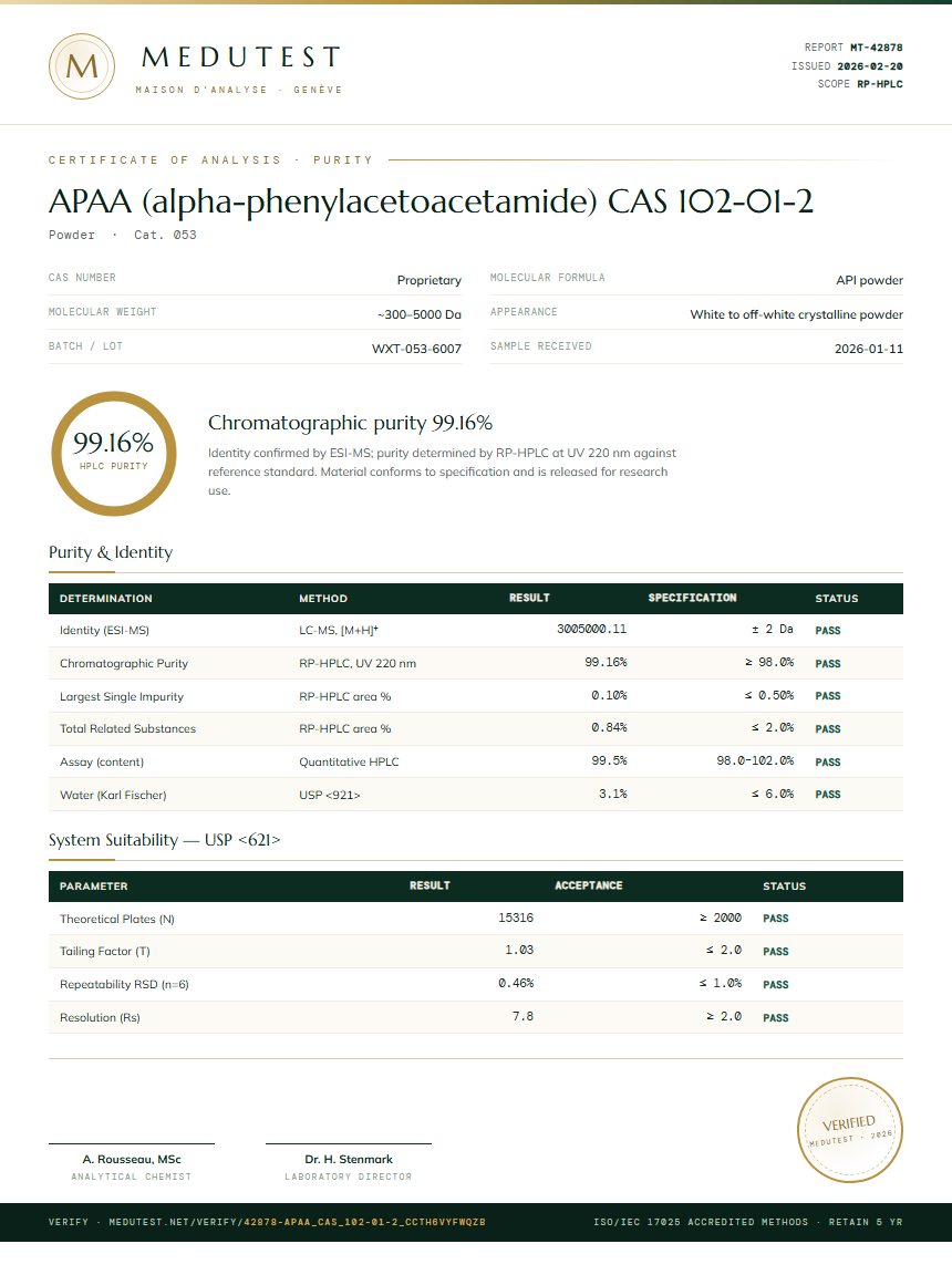 APAA (alpha-phenylacetoacetamide) CAS 102-01-2 Purity Test Report by Medutest