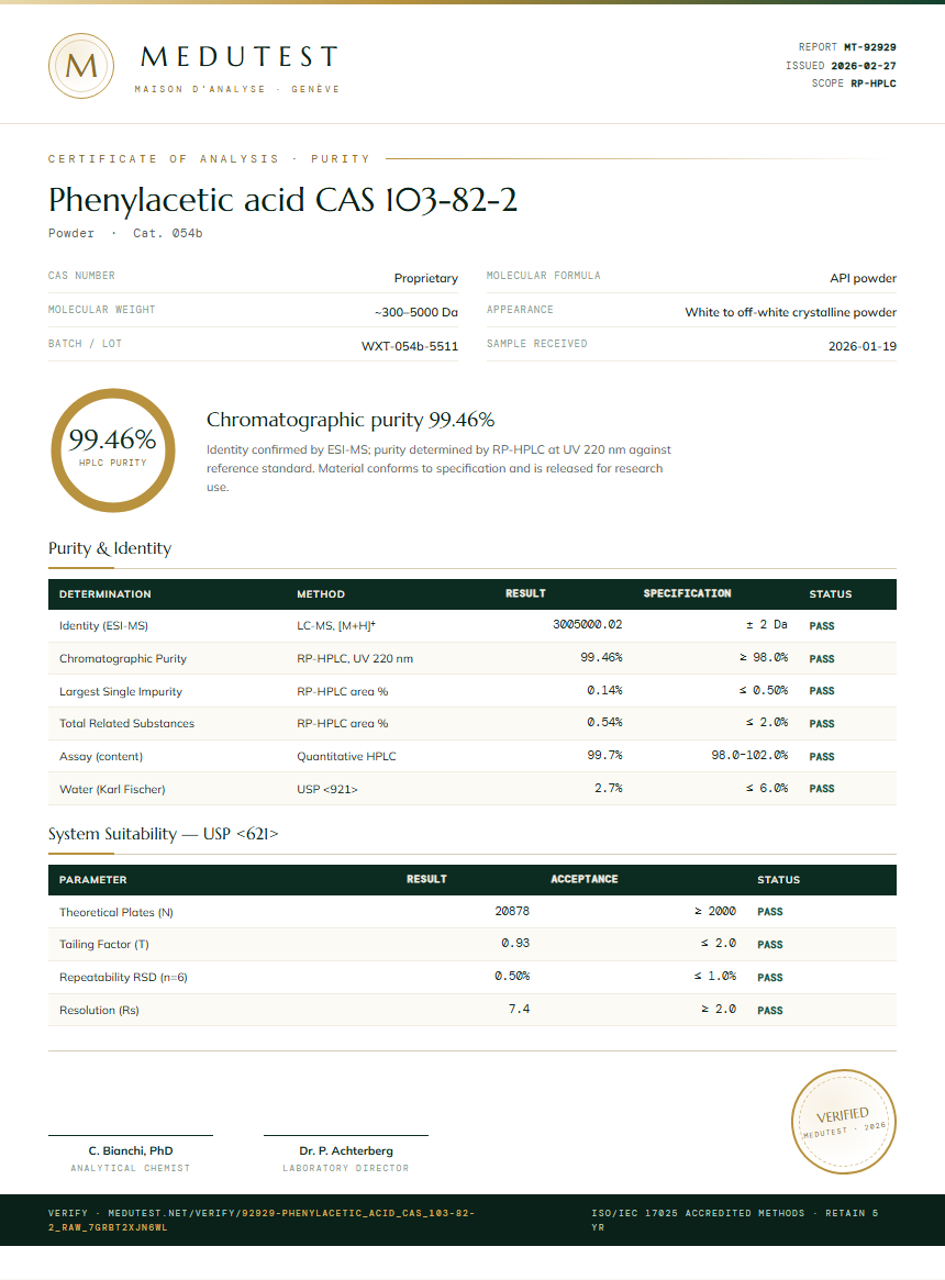 Phenylacetic acid CAS 103-82-2 Purity Test Report by Medutest