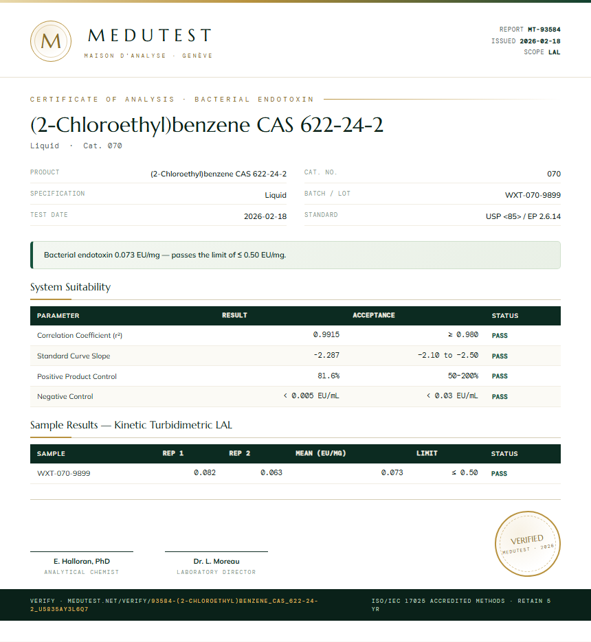 (2-Chloroethyl)benzene CAS 622-24-2 Endotoxin report by Medutest