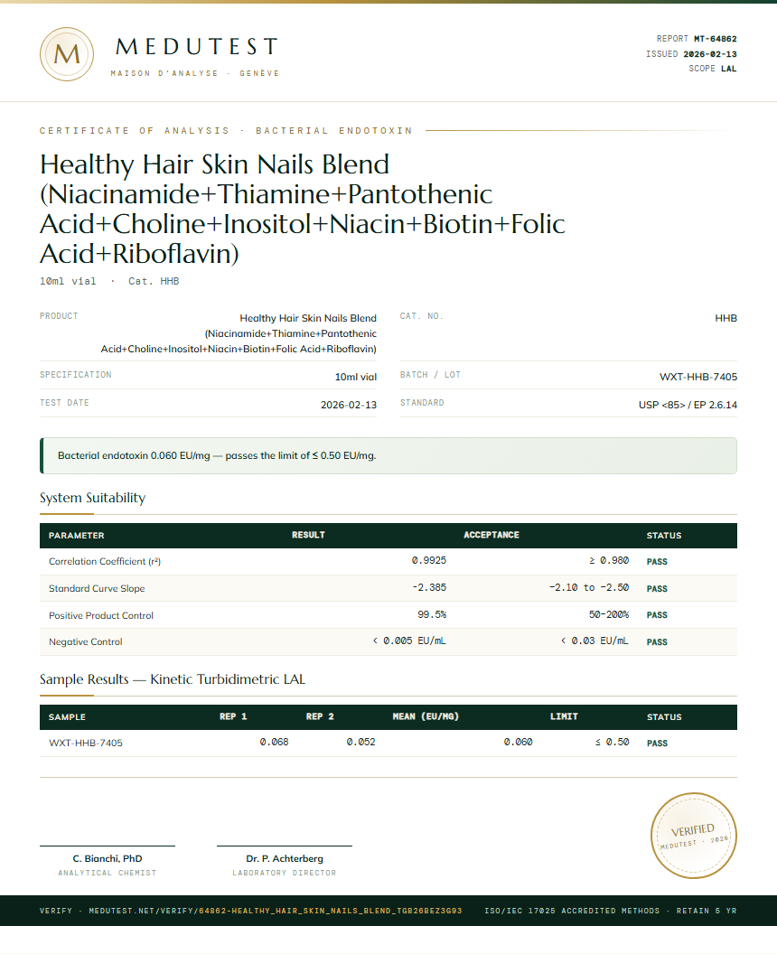 Healthy Hair Skin Nails Blend (Niacinamide+Thiamine+Pantothenic Acid+Choline+Inositol+Niacin+Biotin+Folic Acid+Riboflavin) Endotoxin report by Medutest