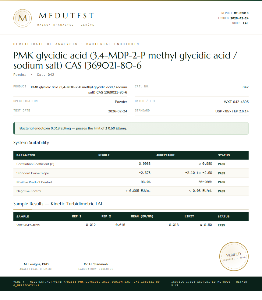 PMK glycidic acid (3,4-MDP-2-P methyl glycidic acid / sodium salt) CAS 1369021-80-6 Endotoxin report by Medutest