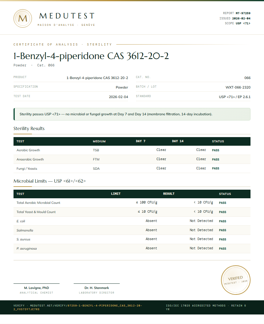 1-Benzyl-4-piperidone CAS 3612-20-2 Sterility report by Medutest