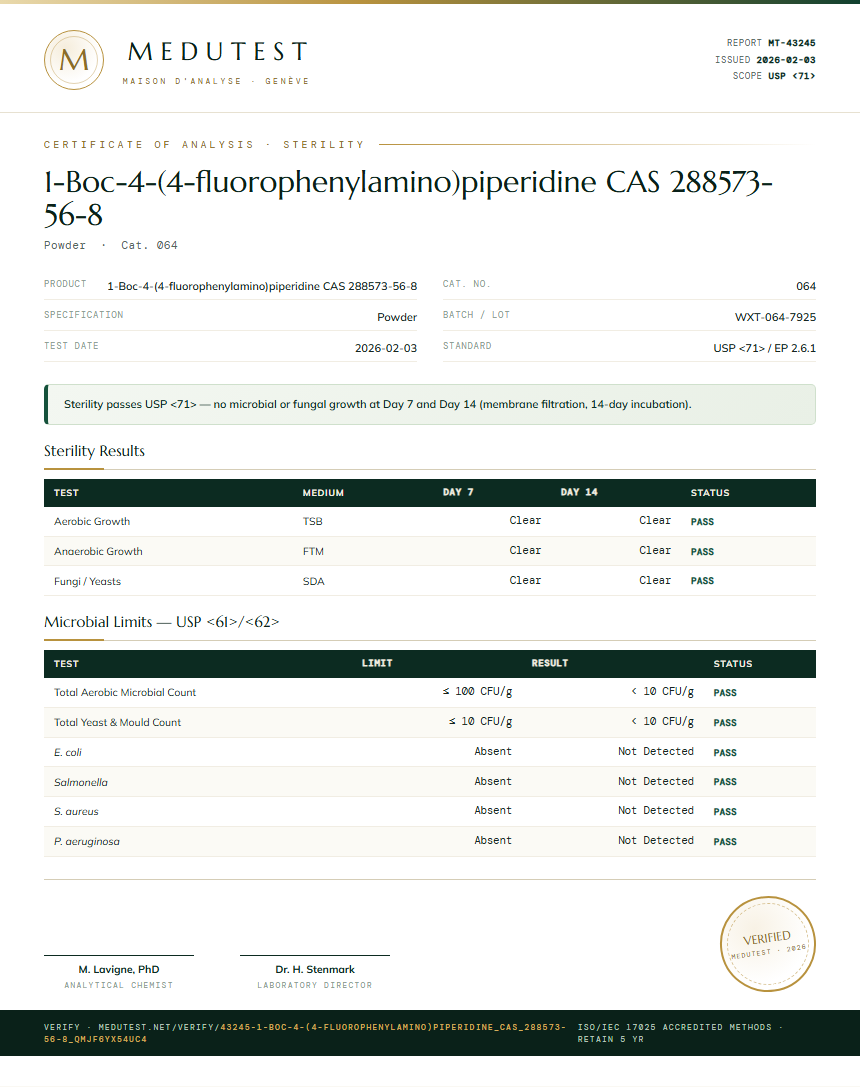 1-Boc-4-(4-fluorophenylamino)piperidine CAS 288573-56-8 Sterility report by Medutest