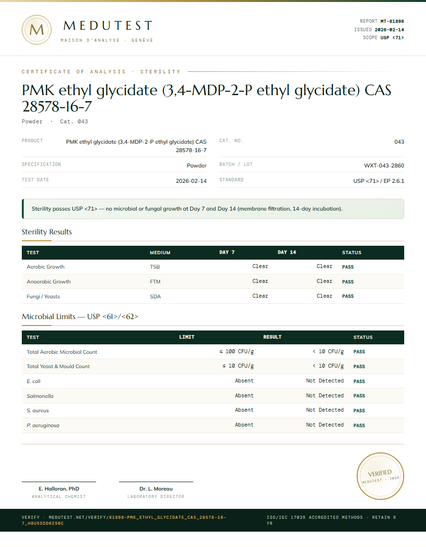 PMK ethyl glycidate (3,4-MDP-2-P ethyl glycidate) CAS 28578-16-7 Sterility report by Medutest