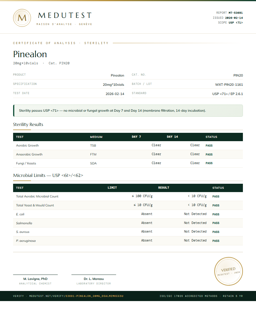 Pinealon Sterility report by Medutest