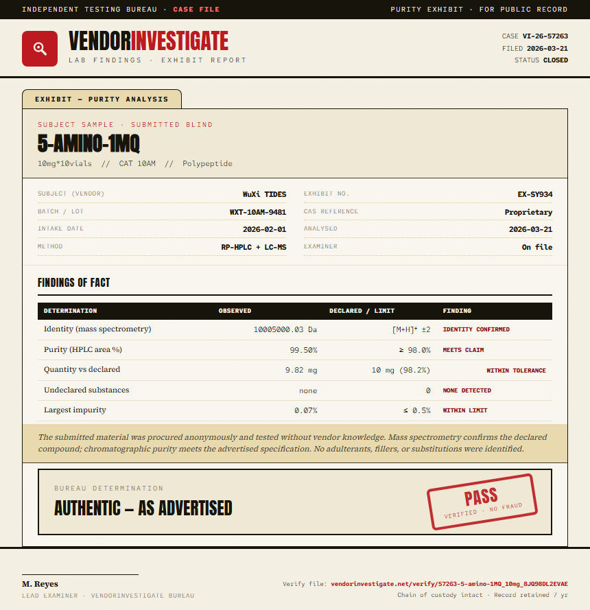 5-amino-1MQ Purity (HPLC) report by VendorInvestigate
