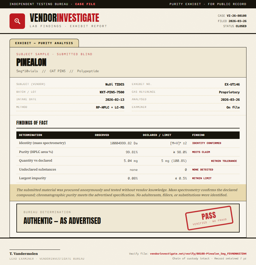 Pinealon Purity (HPLC) report by VendorInvestigate