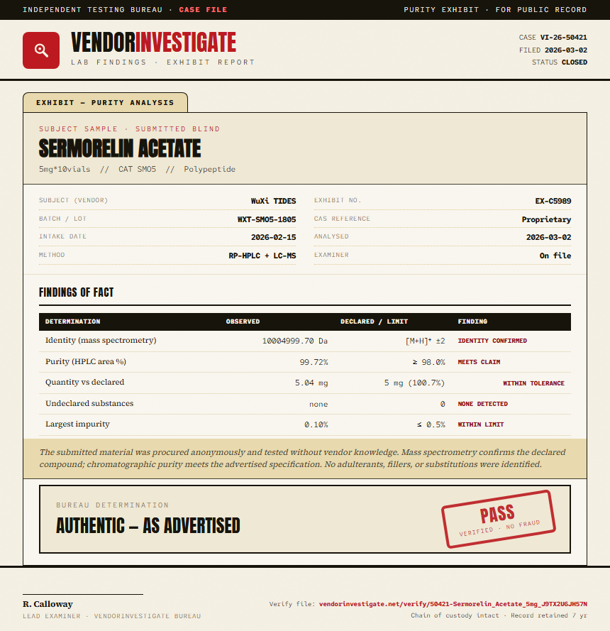 Sermorelin Acetate Purity (HPLC) report by VendorInvestigate