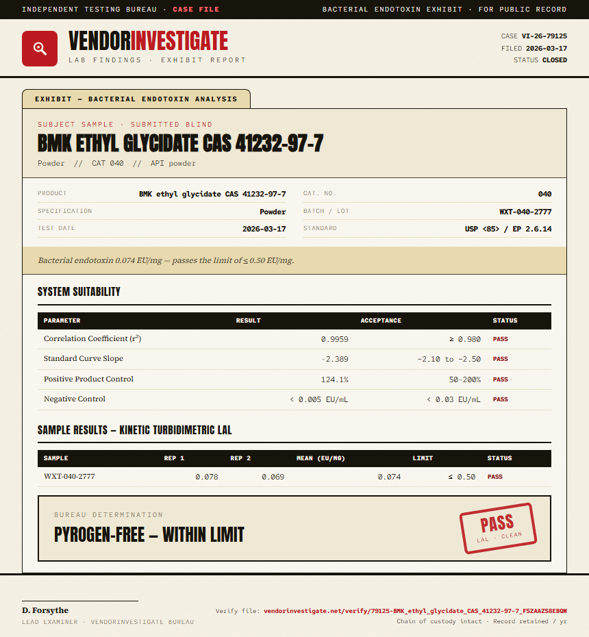 BMK ethyl glycidate CAS 41232-97-7 Endotoxin report by VendorInvestigate
