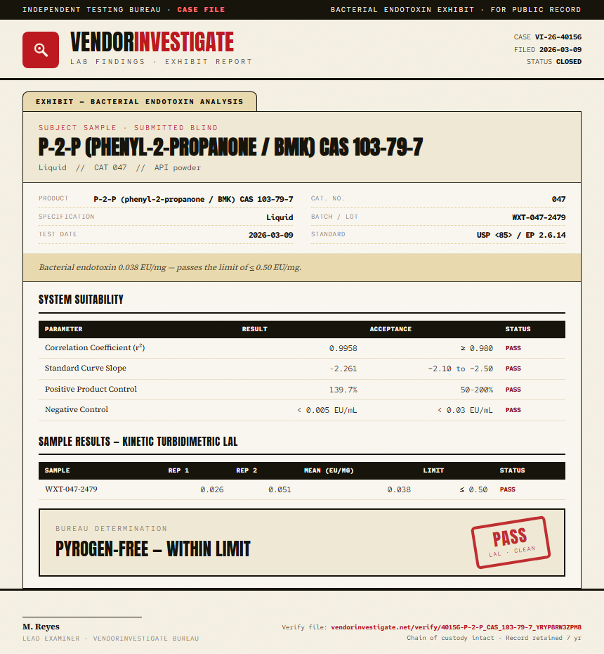 P-2-P (phenyl-2-propanone / BMK) CAS 103-79-7 Endotoxin report by VendorInvestigate