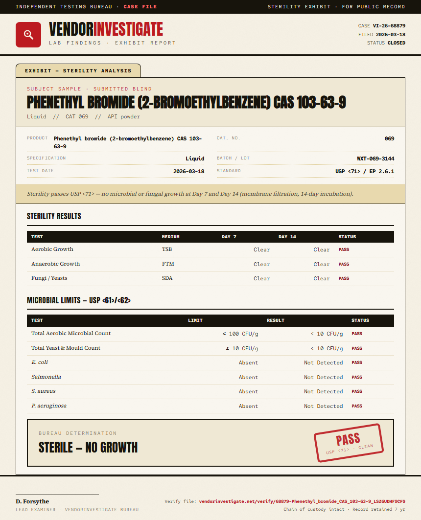 Phenethyl bromide (2-bromoethylbenzene) CAS 103-63-9 Sterility report by VendorInvestigate